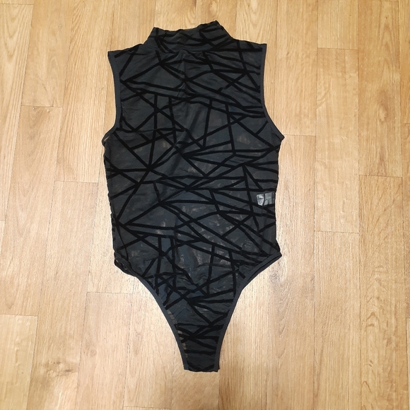 Sheer Sleeveless Mesh & Velvet Geometric Mockneck Bodysuit NWOT Small - Picture 1 of 4